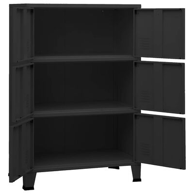 Open cabinet with three shelves and two doors on the right, interior storage space visible.