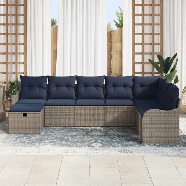 vidaXL Sofa Set with Cushion with Storage Grey and Navy Poly Rattan