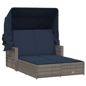 vidaXL Double Sun Lounger Grey PE rattan, Navy blue cushions