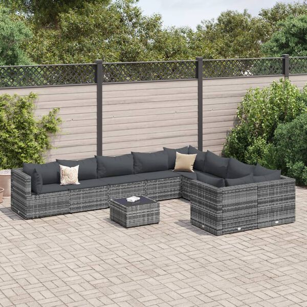 vidaXL Patio Sofa Set Gray PE rattan, powder-coated steel 10 Piece