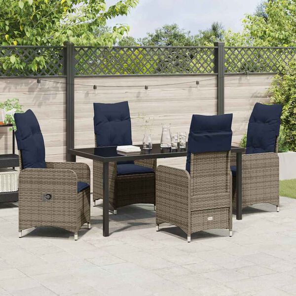 vidaXL Table and Chair Set with Cushion 5 pcs Grey PE Rattan