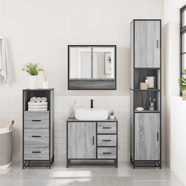 vidaXL Bathroom Furniture Set Grey Sonoma Engineered wood, metal, glass