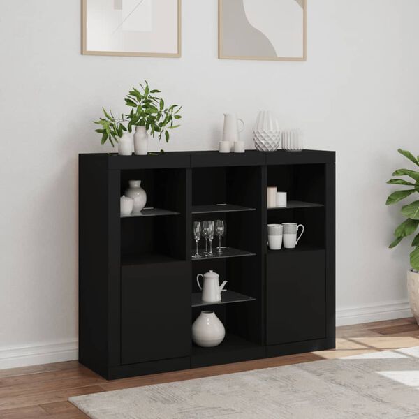 vidaXL Sideboard Set of 3 Black Engineered wood, Glass Medium