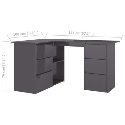vidaXL Corner Desk High Gloss Gray 57.1"x39.4"x29.9" Chipboard