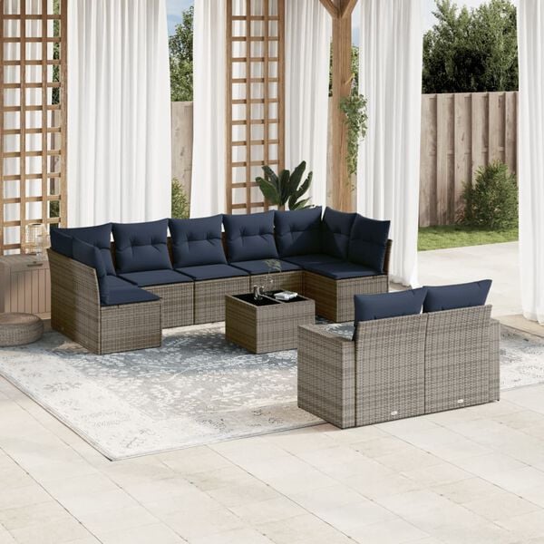 vidaXL 10 Piece Patio Sofa Set with Cushions Grey Poly Rattan (US only)