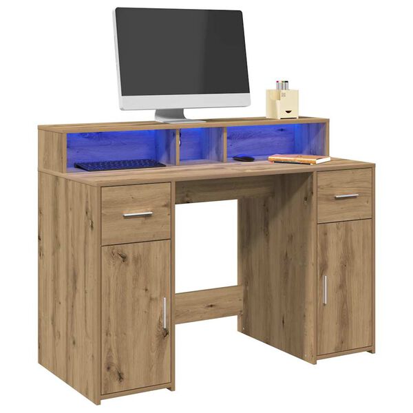 vidaXL Desk with LED Lights Artisian Oak 47.2x21.7x35.8" Engineered Wood