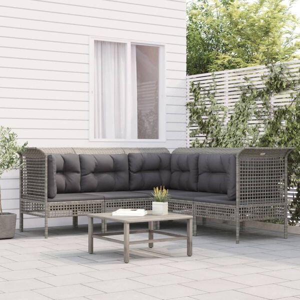 vidaXL 5 Piece Patio Lounge Set with Cushions Grey Poly Rattan