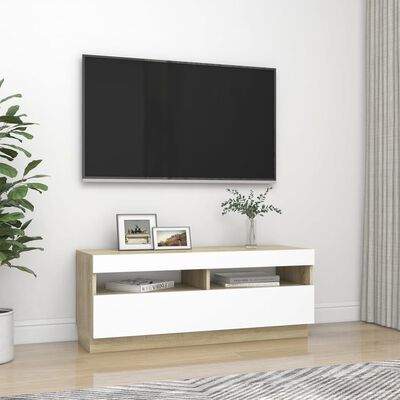 vidaXL TV Stand with LED Lights White and Sonoma Oak 39.4"x13.8"x15.7"