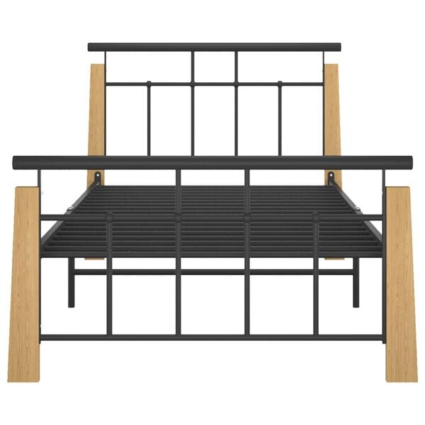 vidaXL Bed Frame Black and Light Oak Powder-coated metal, Solid oak wood