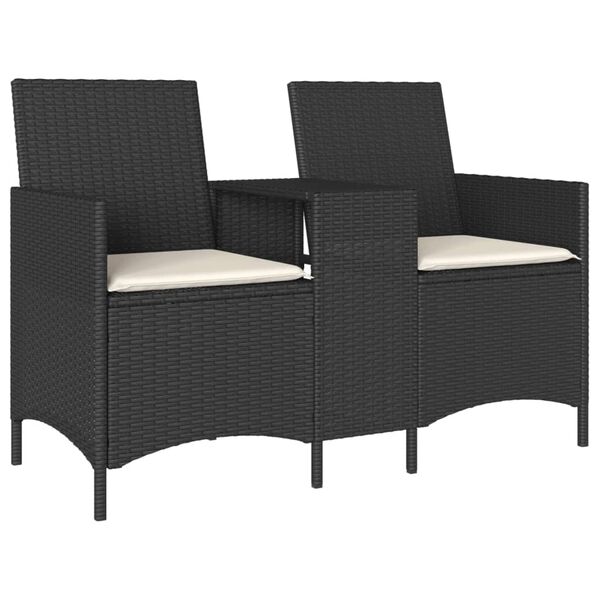 vidaXL Patio Sofa 2-Seater with Table and Cushions Black Poly Rattan
