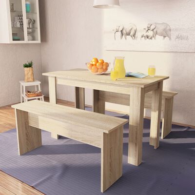 vidaXL Dining Table and Benches 3 Pieces Engineered Wood Oak
