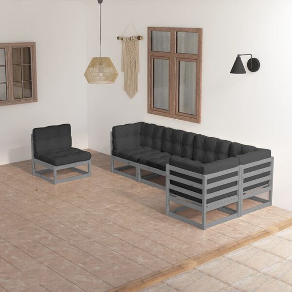 vidaXL Garden Lounge Set Gray Solid Pine Wood, Fabric (100% Polyester)