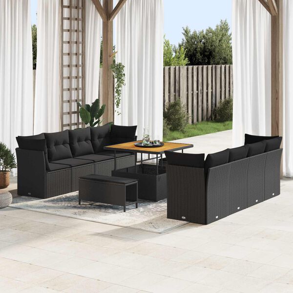 vidaXL Garden Sofa Set with Cushion 11 pcs Black Poly Rattan