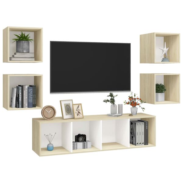 vidaXL TV Cabinet Set White and Sonoma Oak Engineered Wood Medium