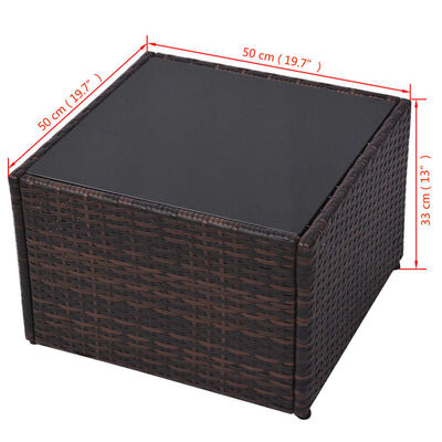 Close-up of square brown wicker ottoman with lid and dimensions labeling 50x50 cm