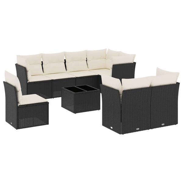 vidaXL Garden Sofa Set Black Rattan, Cream White Cushions