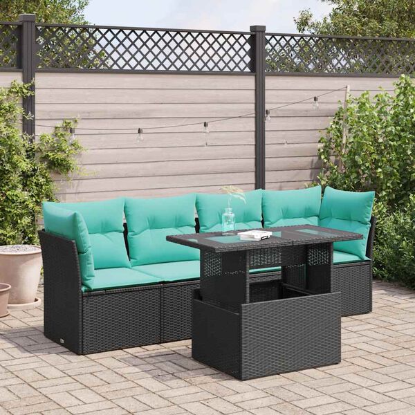 vidaXL 5 Piece Patio Sofa Set with Cushions Black Poly Rattan Acacia
