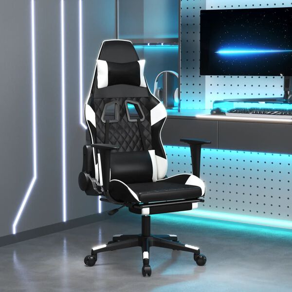 vidaXL Gaming Chair with Footrest Black and White Faux Leather