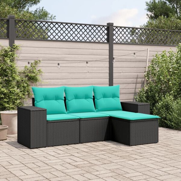 vidaXL Patio Sofa Set Black with blue cushions