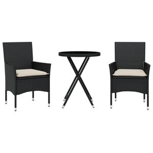 vidaXL 3 Piece Bistro Set with Cushions Black Poly Rattan and Glass