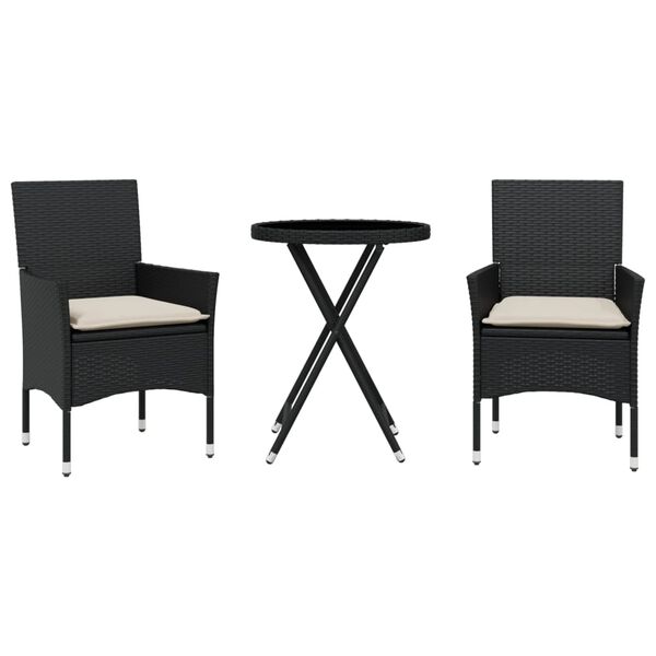 vidaXL 3 Piece Bistro Set with Cushions Black Poly Rattan and Glass