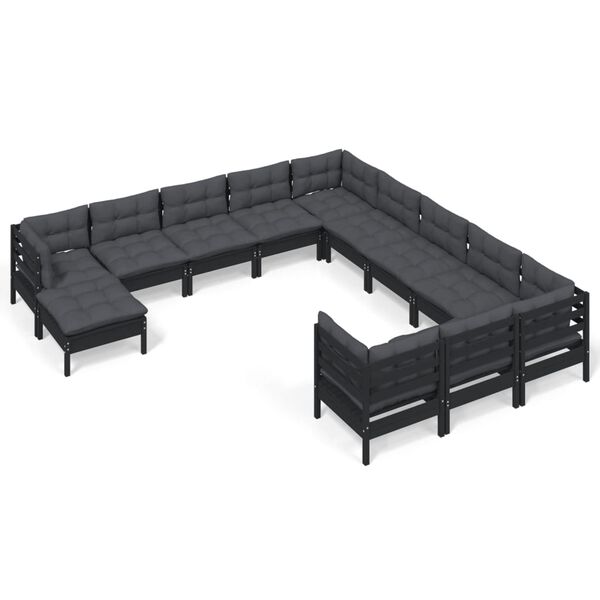 vidaXL Garden Lounge Set Black Solid pine wood, 100% polyester fabric