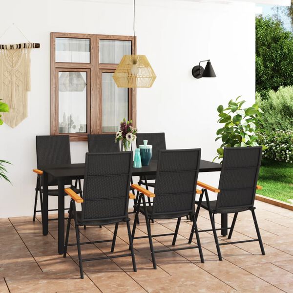 vidaXL Dining Set Black and Brown PE Rattan, WPC, Glass, Aluminum Standard