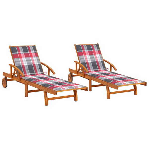 vidaXL Patio Sun Lounger Natural wood, Red check