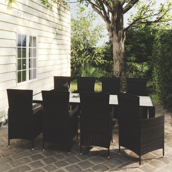 vidaXL 9 Piece Patio Dining Set with Cushions Poly Rattan Black
