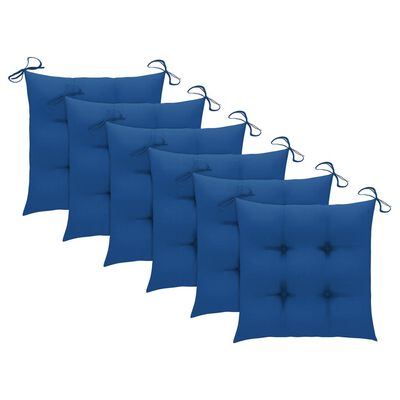 Set of six blue square seat cushions with ties on corners