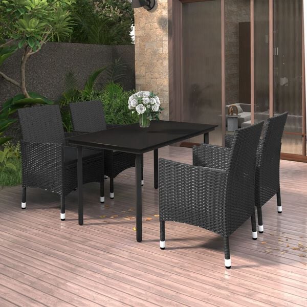 vidaXL Garden Dining Set Black PE rattan, steel, glass, polyester Durable