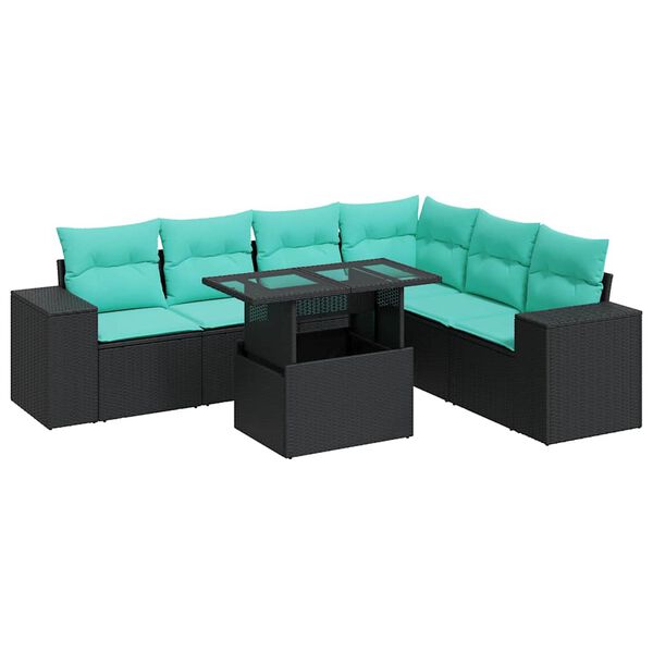 vidaXL 7 Piece Patio Sofa Set with Cushions Black Poly Rattan Acacia