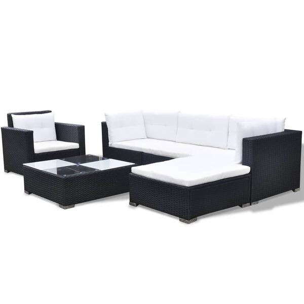 vidaXL Patio Sofa Set Set of 6 Black Rattan, Cream White Cushions