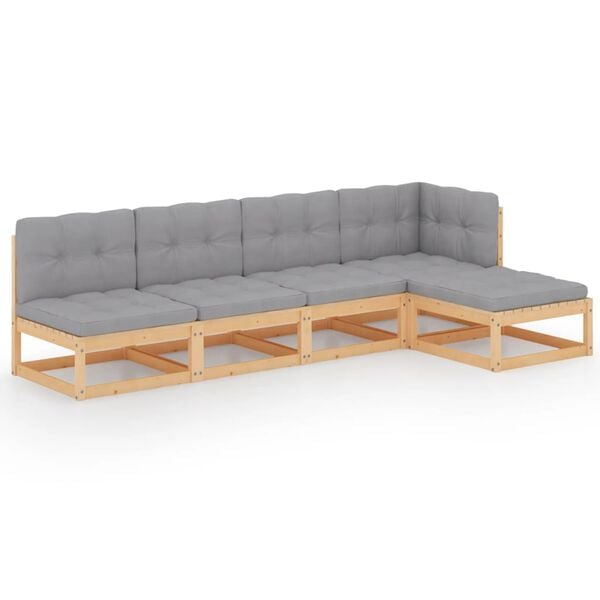 vidaXL Garden Lounge Set Natural Wood, Grey Cushions