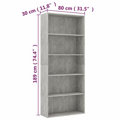vidaXL 5-Tier Book Cabinet Concrete Gray 31.5"x11.8"x74.4" Chipboard