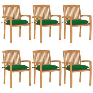 vidaXL Patio Chair Set of 6 Natural Teak, Green Solid Teak Wood, Polyester