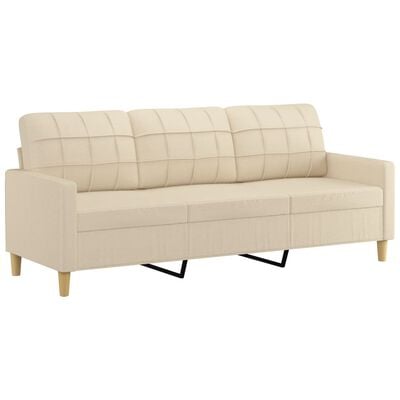 Beige sofa with three-seat base and grid-stitched back cushions; exposed metal supports.
