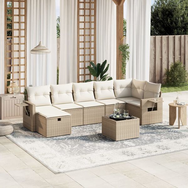 vidaXL Garden Sofa Set Beige Poly Rattan, Tempered Glass Large
