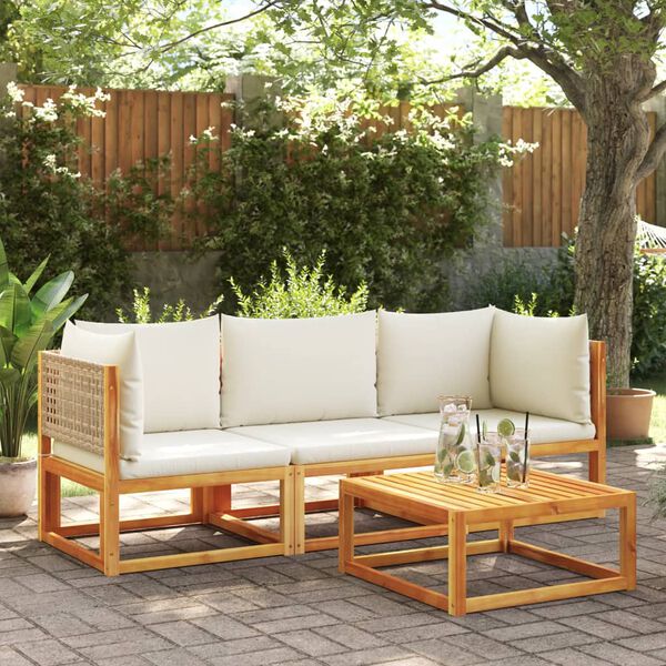 vidaXL Garden Sofa Beige and Cream Solid acacia wood, PE rattan, Polyester