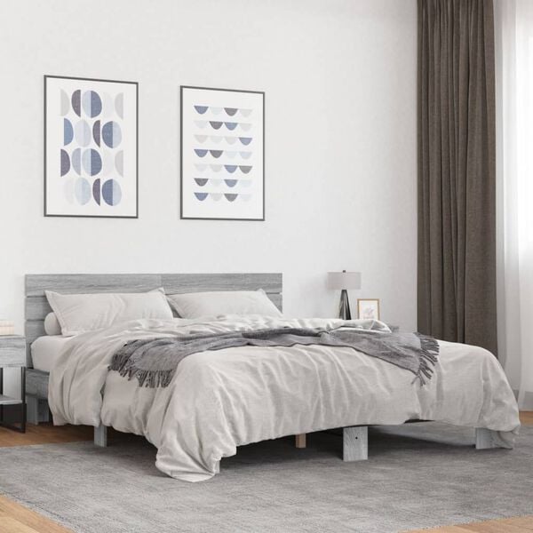 vidaXL Bed Frame Gray Sonoma Engineered Wood 63x79 in Modern Bed Frame