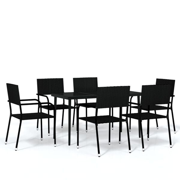 vidaXL Garden Dining Set Black PE Rattan, Steel, Glass 7 Piece Set