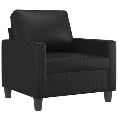 Close-up of a black leather single-seater chair with armrests and short legs