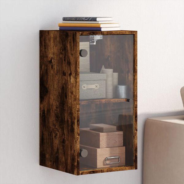 vidaXL Wall Cabinet with Glass Doors Smoked Oak 13.8"x14.6"x27"
