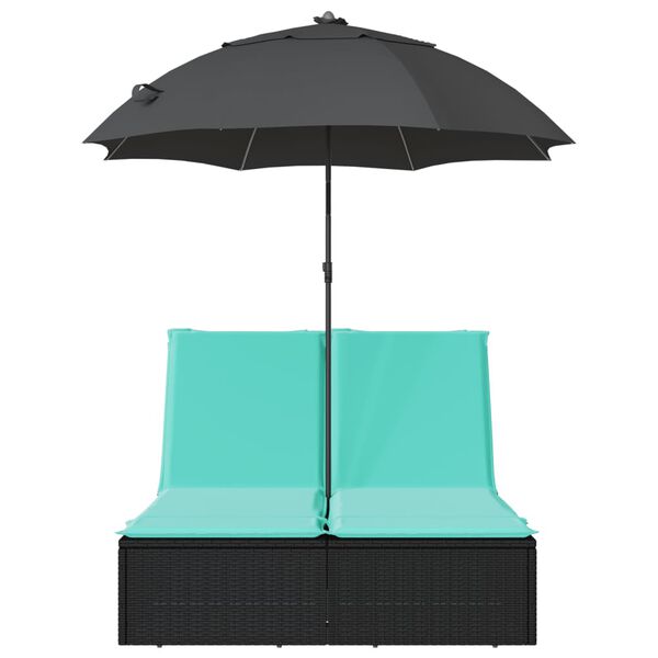 vidaXL Double Sun Lounger with Cushions&Parasol Black Poly Rattan