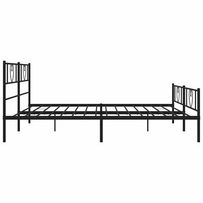 Side view of a black metal platform bed frame with two twin sections and slatted base.
