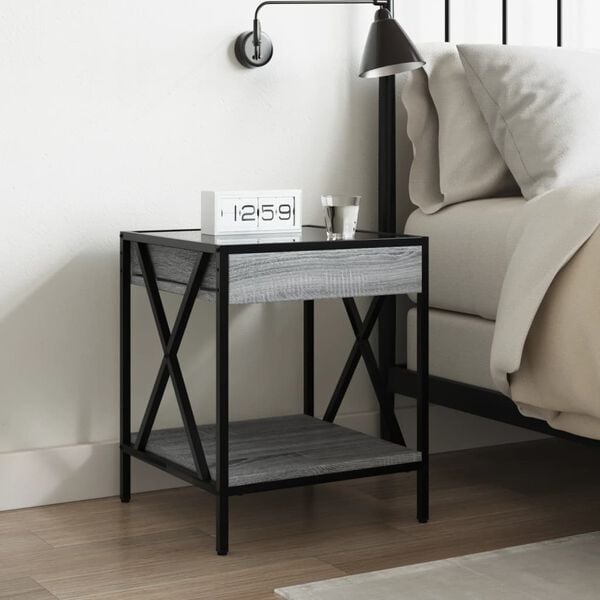 vidaXL Bedside Table Grey Sonoma Engineered wood, glass, steel Medium