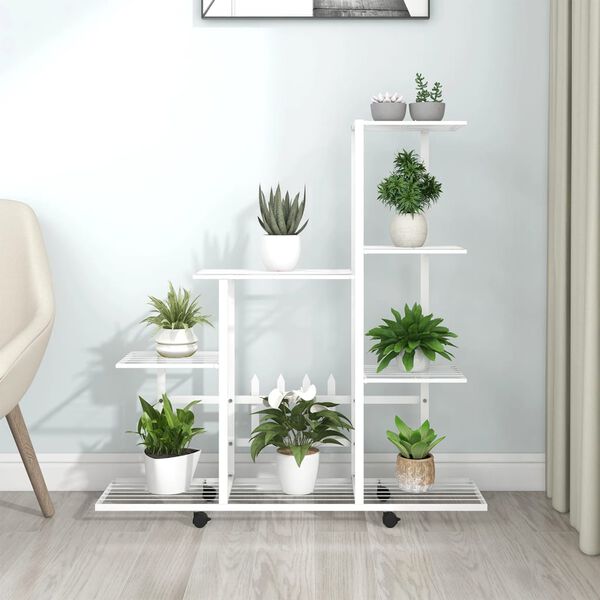 vidaXL Plant Stand White Metal Medium Rollable Plant Stand