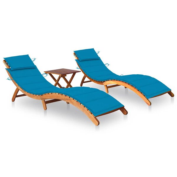 vidaXL Sun Lounger Blue cushions, Natural wood Solid acacia wood Medium
