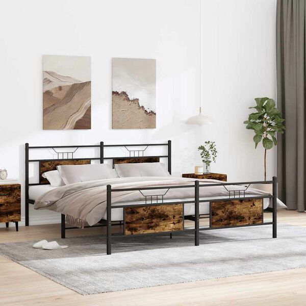 vidaXL Bed Frame Smoked oak Steel, Engineered wood Double Bed Frame