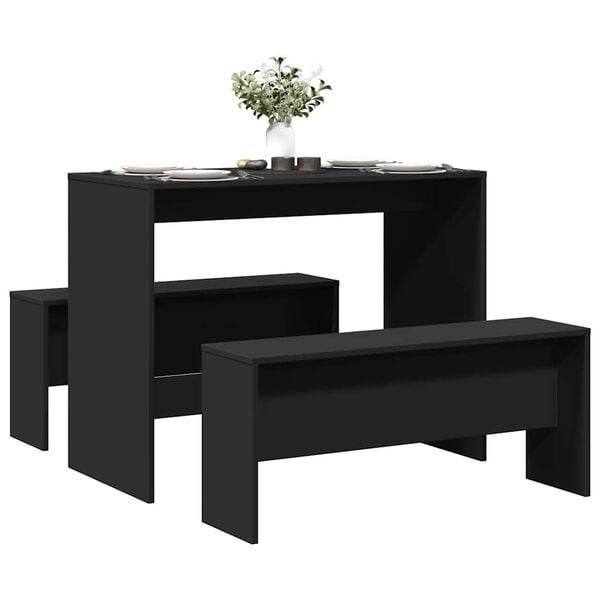 vidaXL Dining Table And Bench Set Black Engineered wood Compact Modern